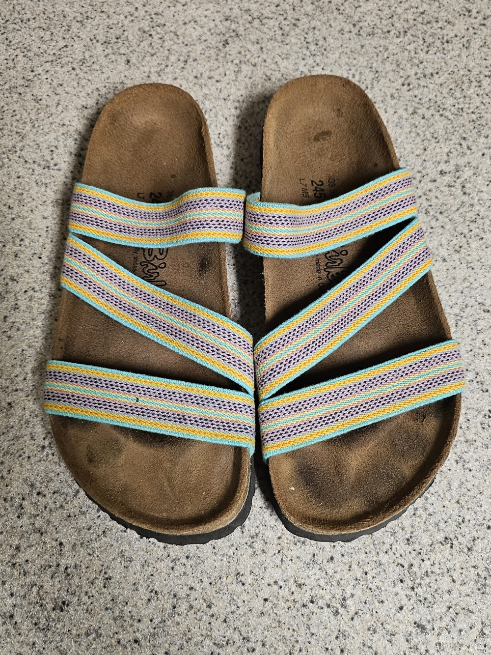 Multi-Stripe Elastic Strap Slide Sandals - Brown Footbed